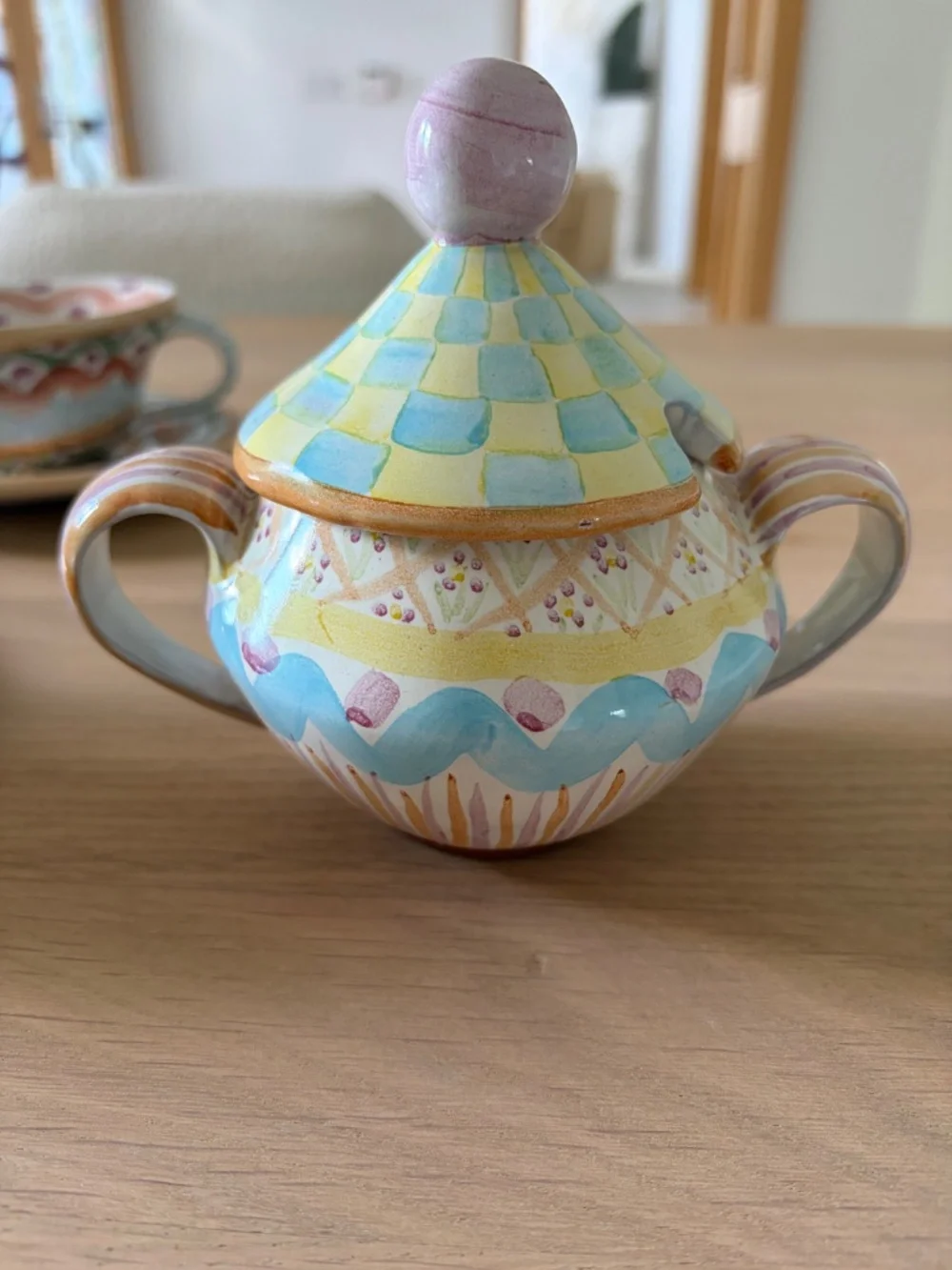 Mackenzie Childs Vintage Coffee Cup, Saucer, Creamer and Sugar Jar Set